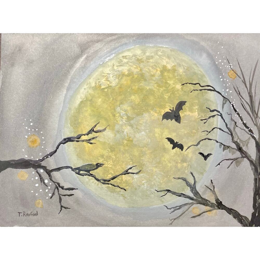 Hand painted watercolor original painting spooky Halloween moon bats